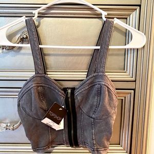 Topshop gray light denim zipper crop top